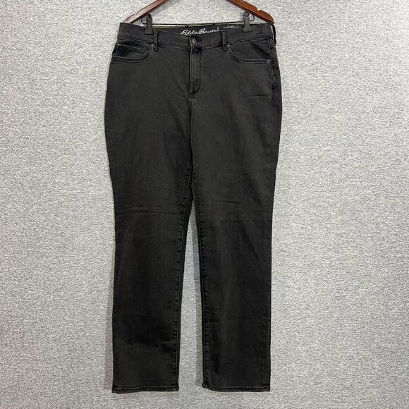 Eddie Bauer Jeans Women Size 14 Black Washed Slightly Curvy Slim Straight Denim - Picture 15 of 16